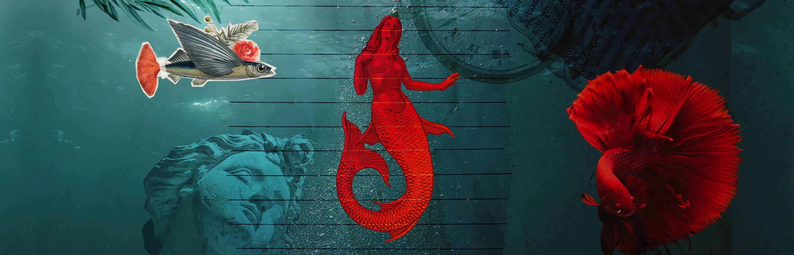 header sirene partenope collage fotografico su sfondo verde mare con immagini di 2 pesci, testa di una statua, orologio d'epoca e sirena Partenope centrale in rosso