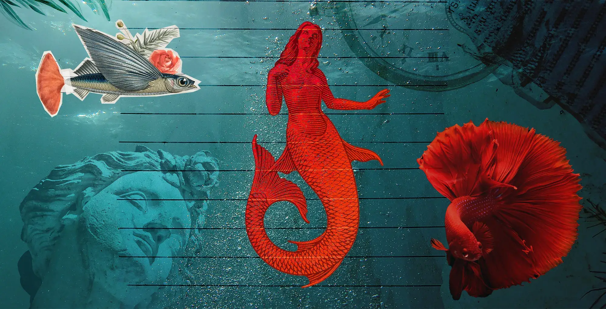 header-sirene-partenope_mobile collage fotografico su sfondo verde mare con immagini di 2 pesci, testa di una statua, orologio d'epoca e sirena Partenope centrale in rosso