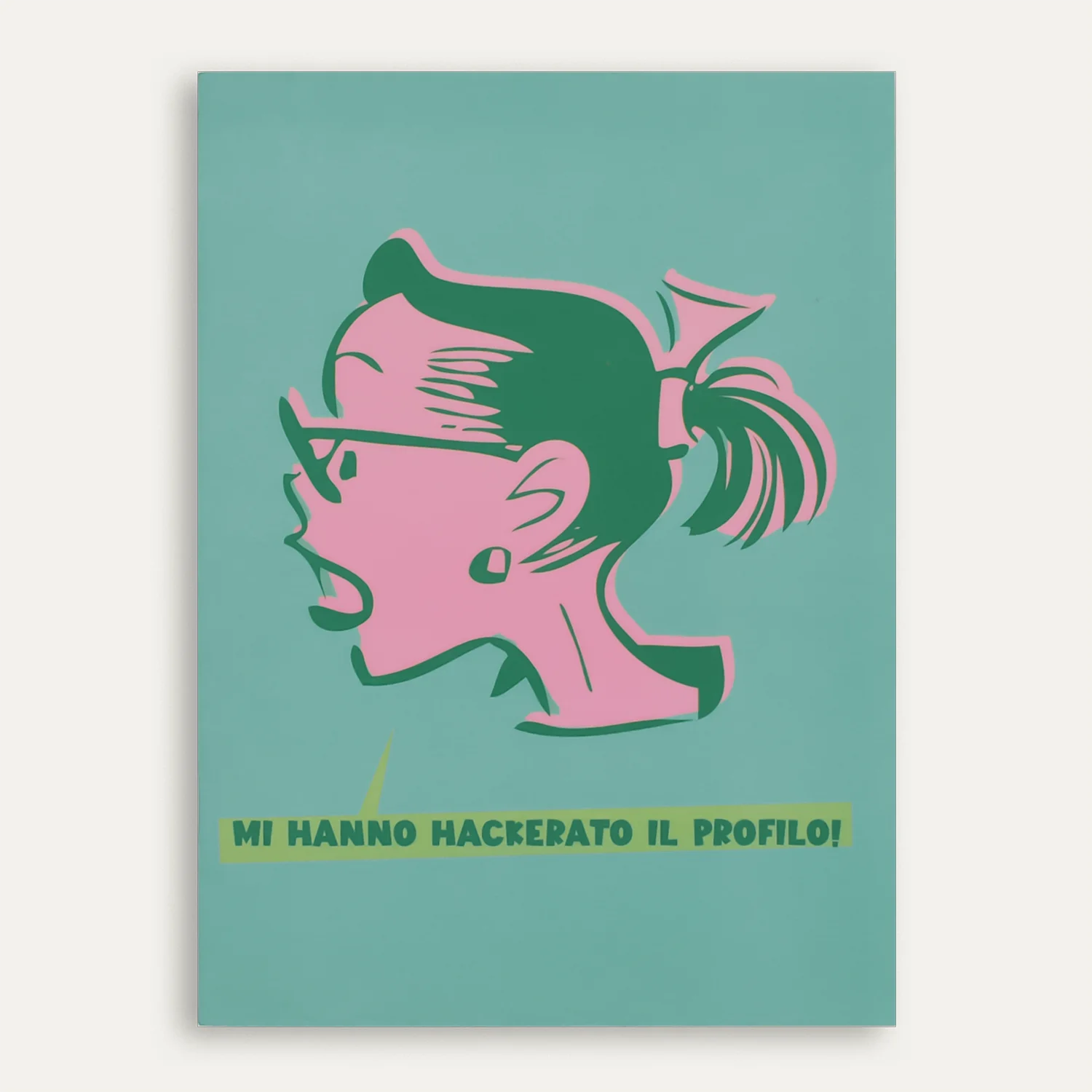 quaderno Anni ’50 Patty Still-life del Quaderno verde Patty con design cartoon pop-art in stile vintage ed esclamazione in stampatello ‘Mi hanno hackerato il profilo!’