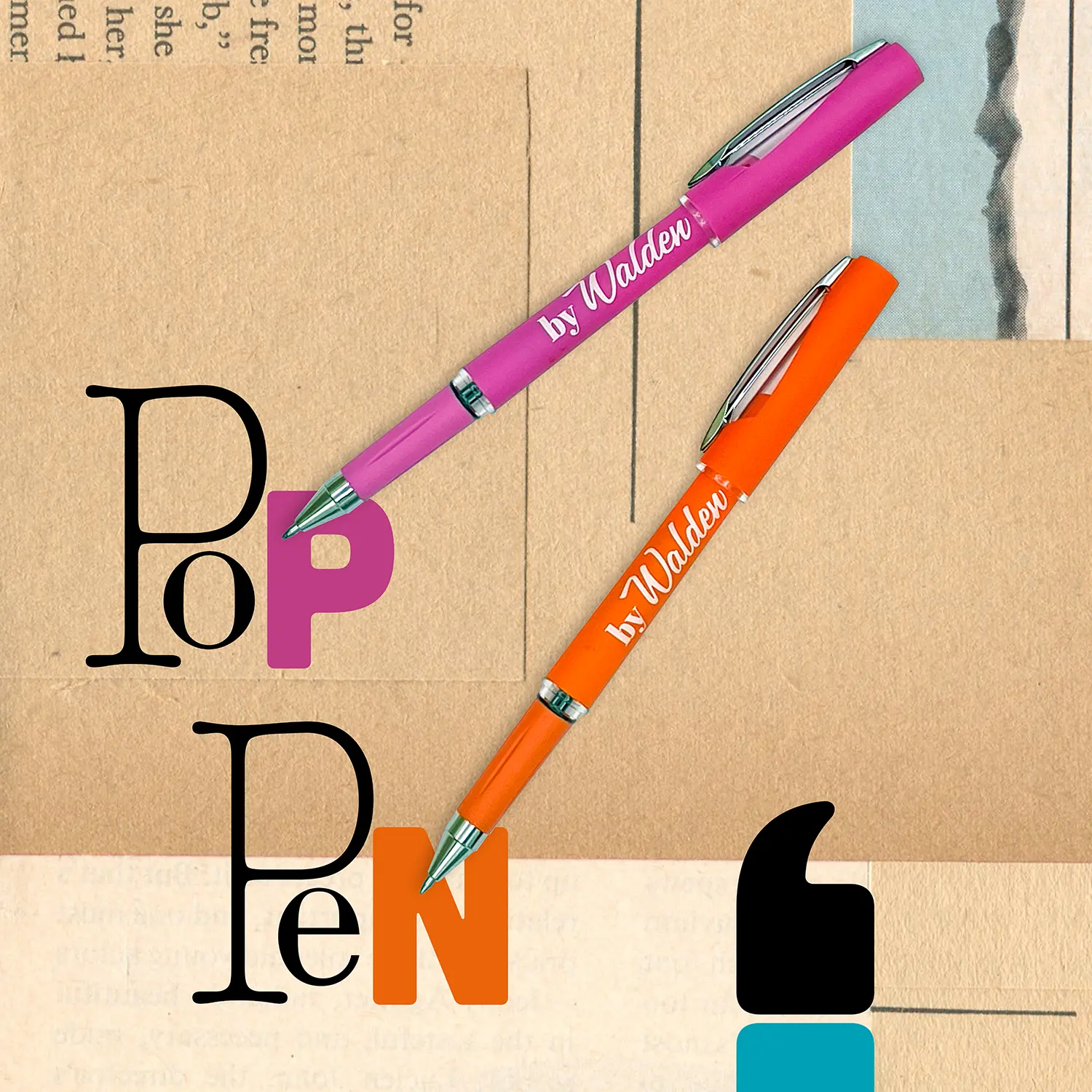 Pop Pen Sfondo collage con fogli di carta e cartoncini, graficizzazione bi-font della scritta "Pop Pen" e due penne gel aperte di colore fucsia e arancio, con logo bianco 'byWalden', tappo protettivo con finestrella trasparente e clip metallica per aggancio