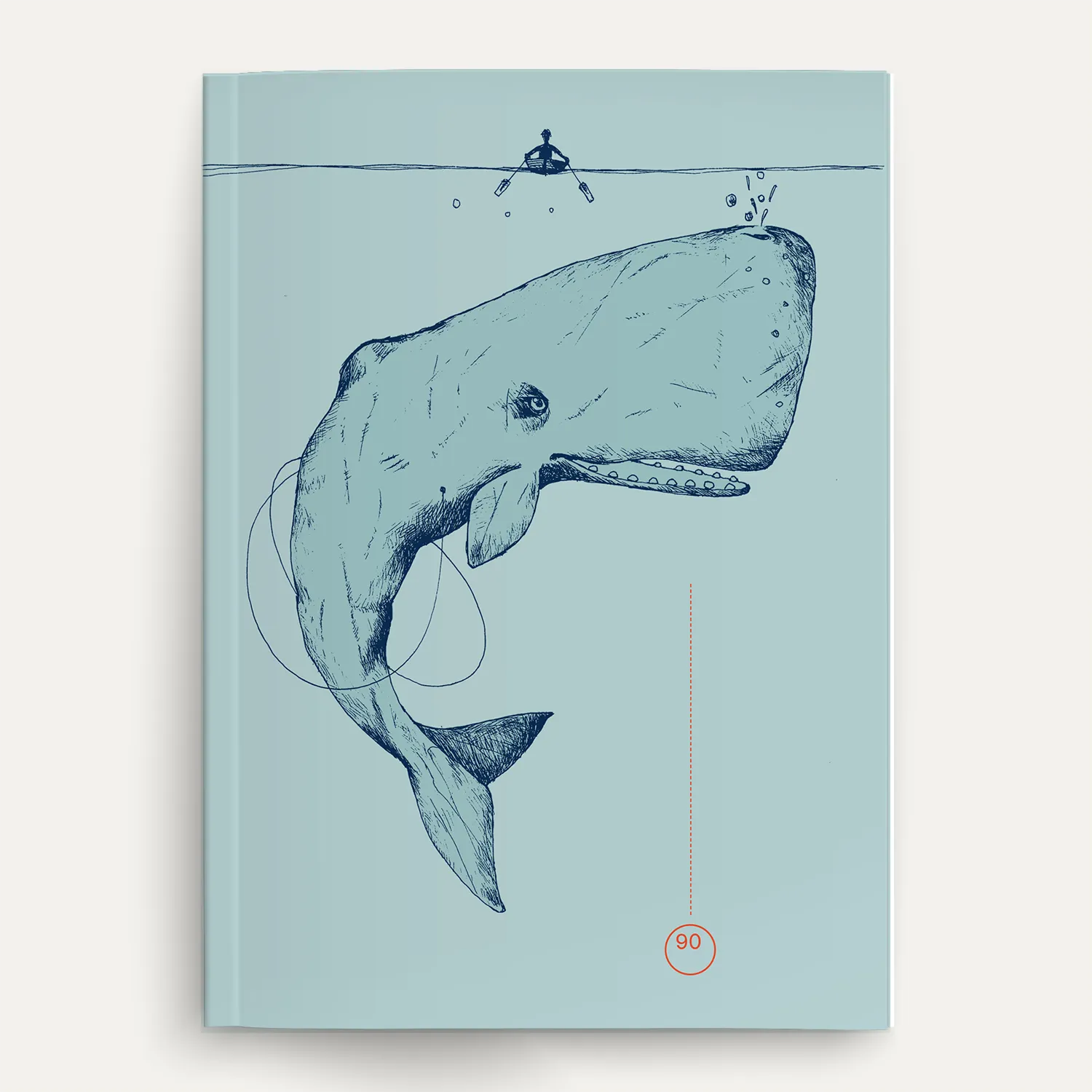 Quaderno con copertina azzurra e illustrazione in blu di una balena sotto il livello del mare