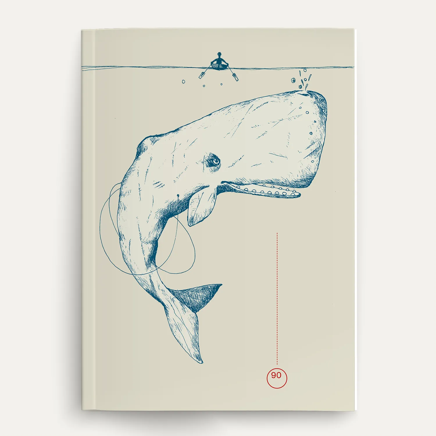 Quaderno con copertina color sabbia e illustrazione dai contorni blu di una balena sotto il livello del mare