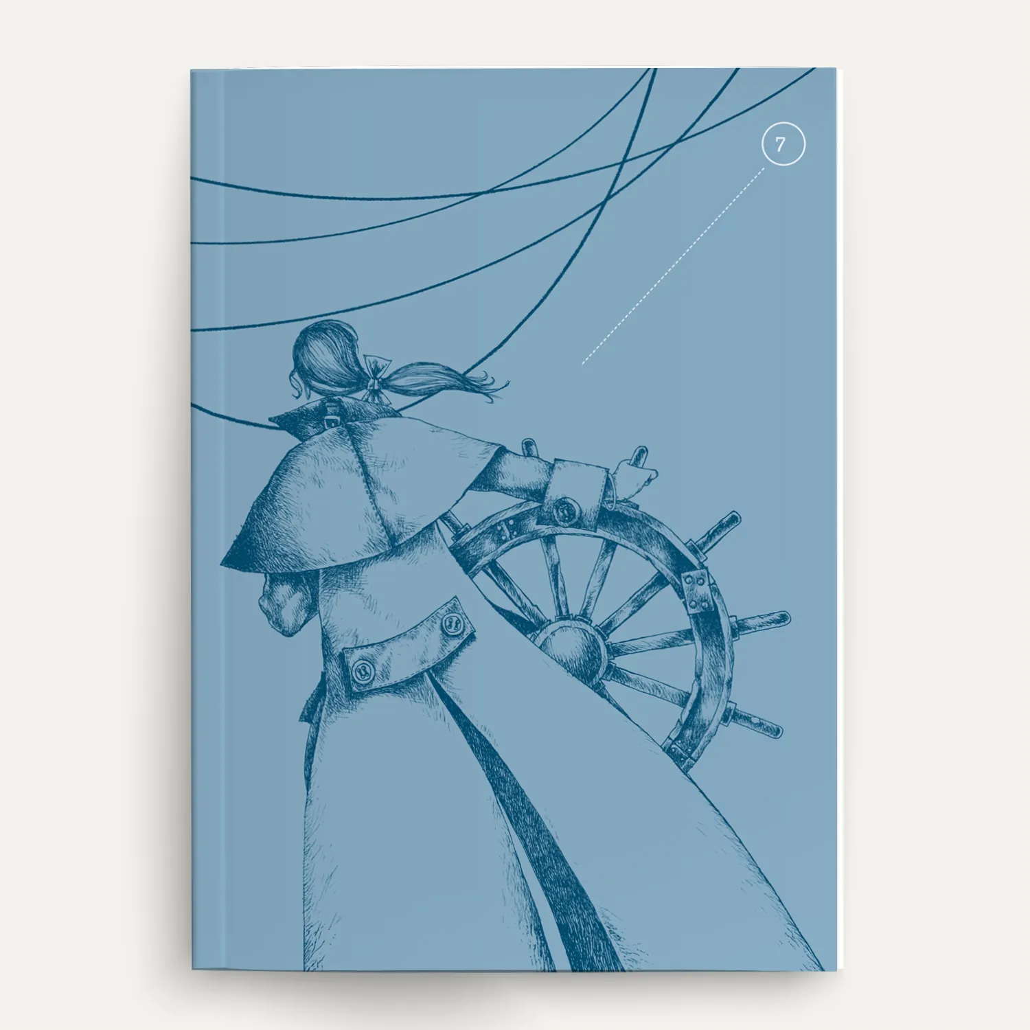 Quaderno con copertina azzurra e illustrazione in blu di una Nocchiera al timone
