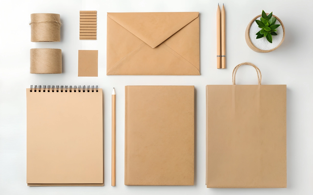 eco-design articoli di cancelleria e cartoleria realizzati con materiale eco friendly posti ordinatamente in piano su una scrivania