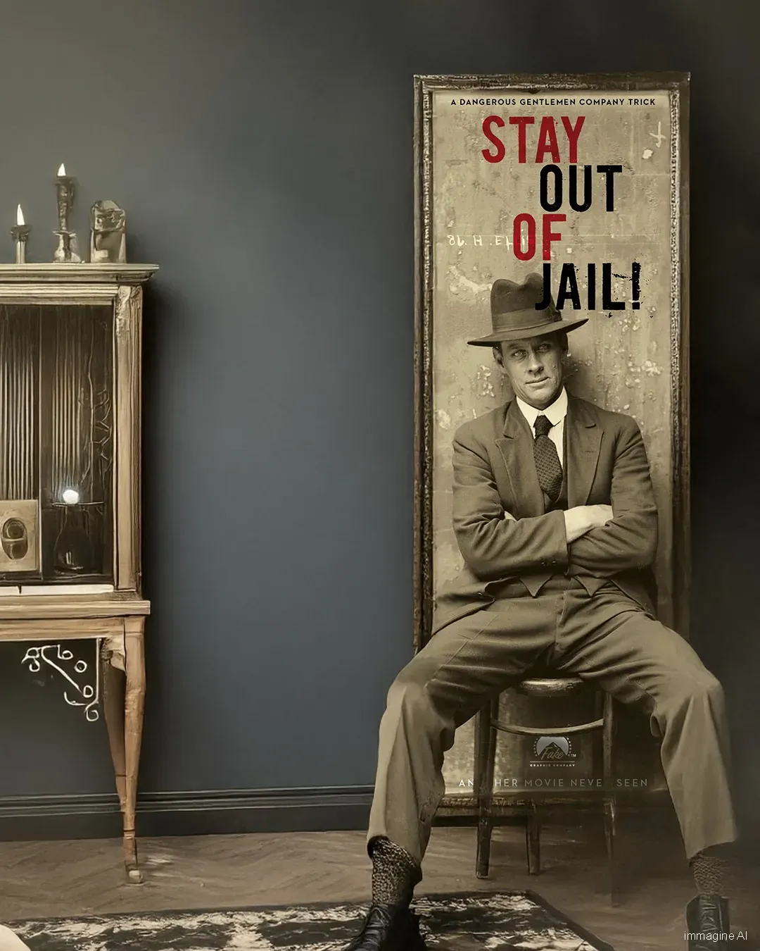 Immagine realizzata con AI di Herbert Ellis che fuoriesce, in giacca e cravatta, cappello, seduto a braccia conserte su uno sgabello, dal suo poster cinematografico in bianco e nero del fake film titolato STAY OUT OF JAIL!