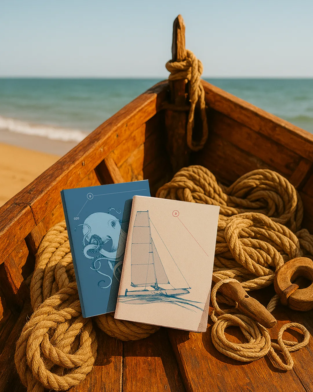 Foto ambientata in spiaggia di due quaderni della linea Navigazione by Walden su una barca di legno