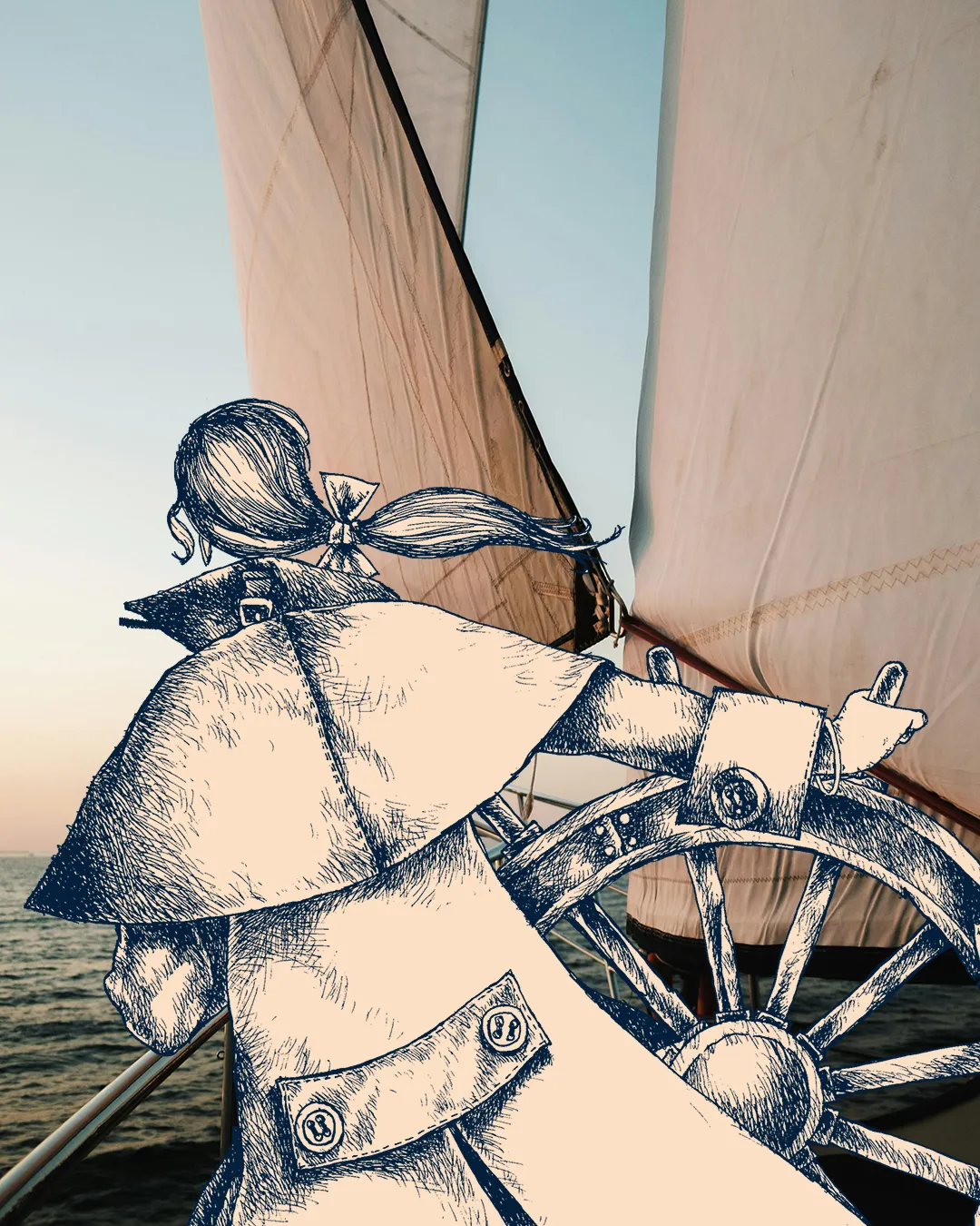 Fotomontaggio di un veliero con illustrazione di nostroma al timone