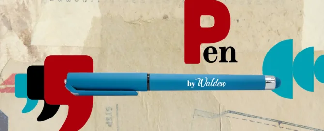 Penna LightBlue su fondo di carta, graficizzazione bi-font della scritta Pen e simboli