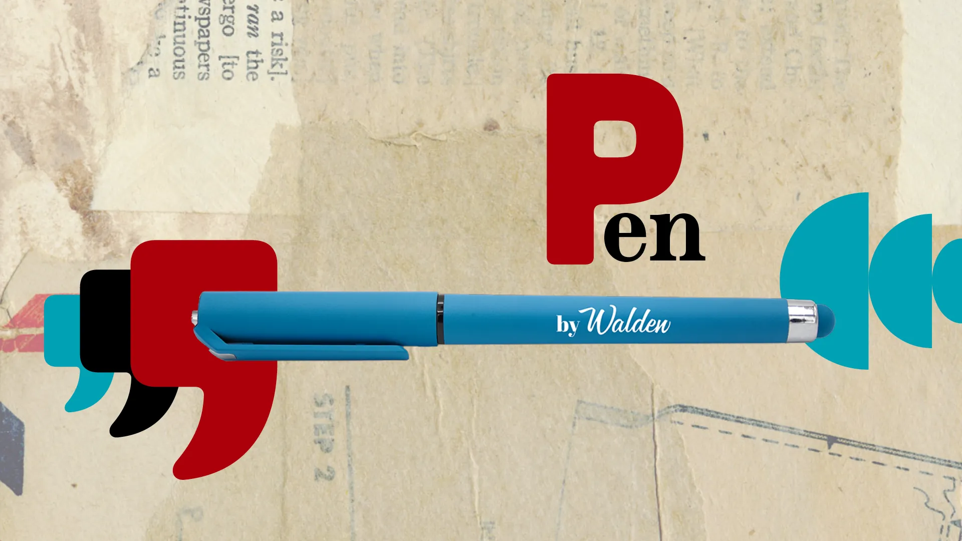 Penna LightBlue su fondo di carta, graficizzazione bi-font della scritta Pen e simboli