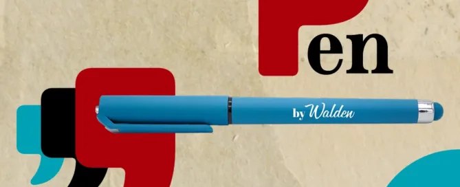 Penna LightBlue su fondo di carta, graficizzazione bi-font della scritta Pen e simboli