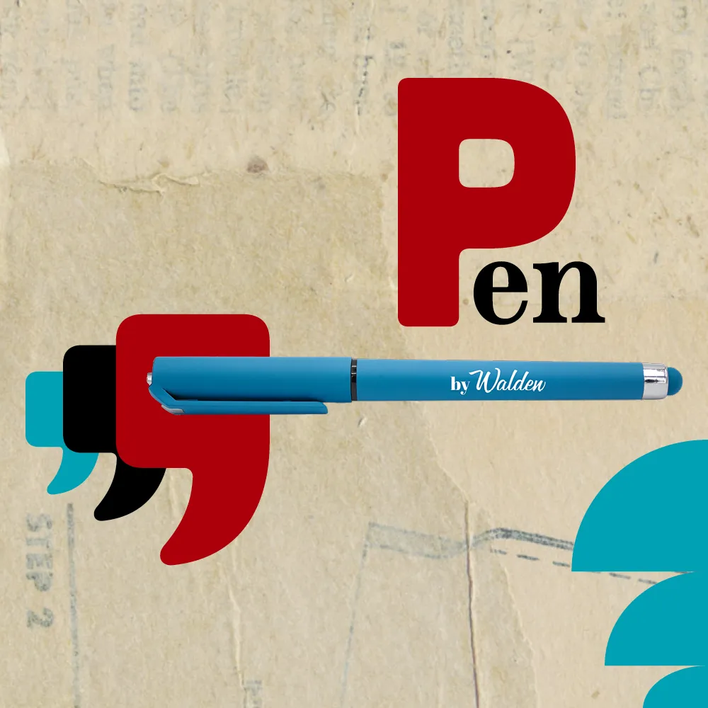 Penna LightBlue su fondo di carta, graficizzazione bi-font della scritta Pen e simboli