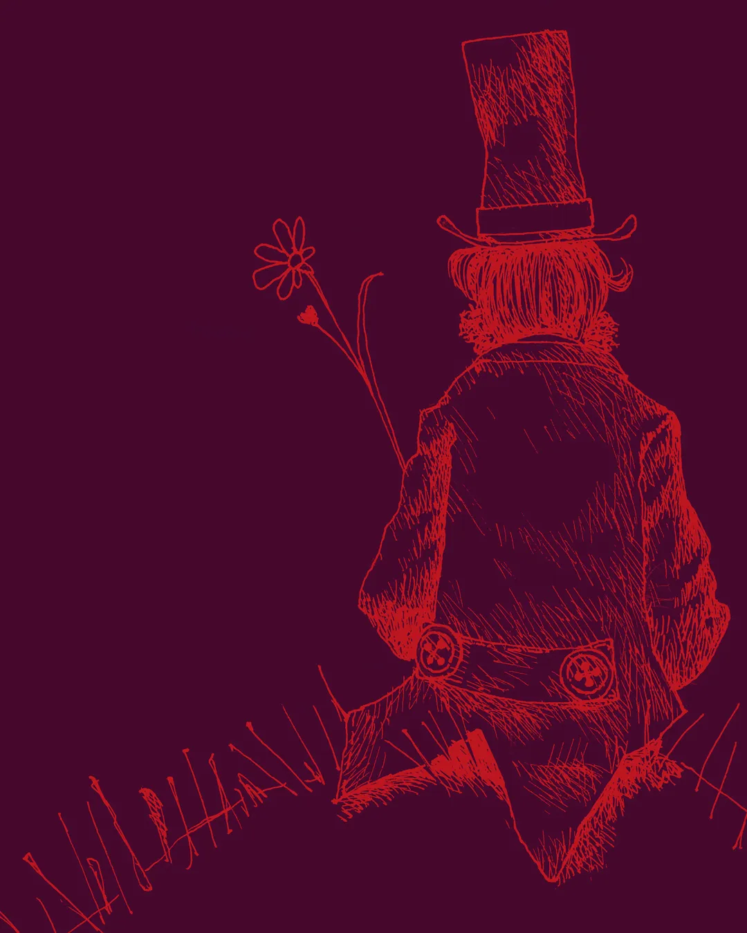 Particolare di illustrazione rossa di Henry D. Thoreau di spalle su campo viola della Collezione Iconico