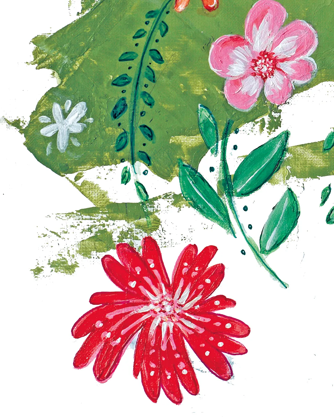 Particolare di illustrazione originale di prato verde con fiori rossi e rosa della Collezione Iconico